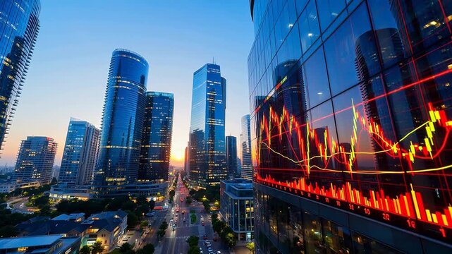 City skyline with stock market graph on building