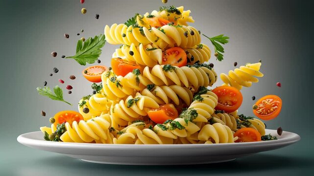Spiral pasta with fresh herbs and cherry tomatoes arranged in a dynamic, visually appealing stack on a white plate against a soft gradient background