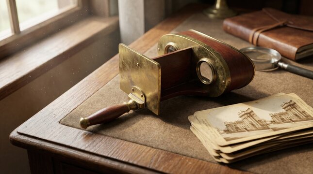 Antique wooden stereoscope viewer on desk with vintage photos. Classic optical device still life with dramatic lighting