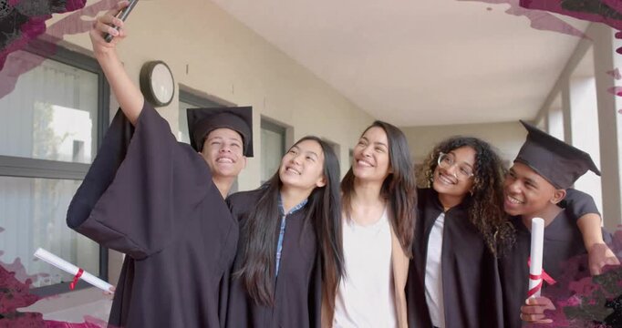 Left grad raising phone 5 grads moving closer leaning laughing tilting angle taking grad selfies