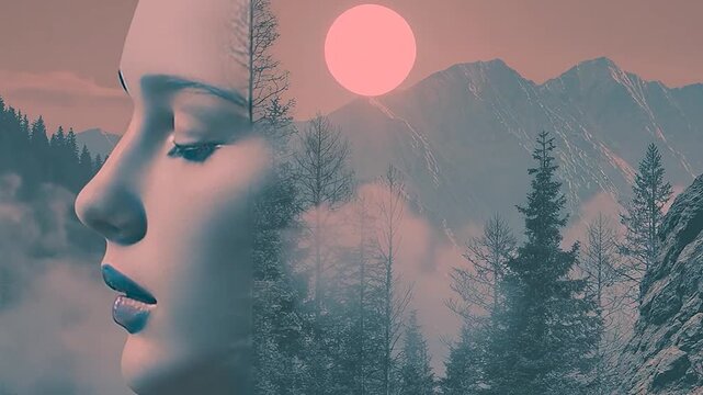 Double exposure of a woman's face superimposed on a mountain landscape