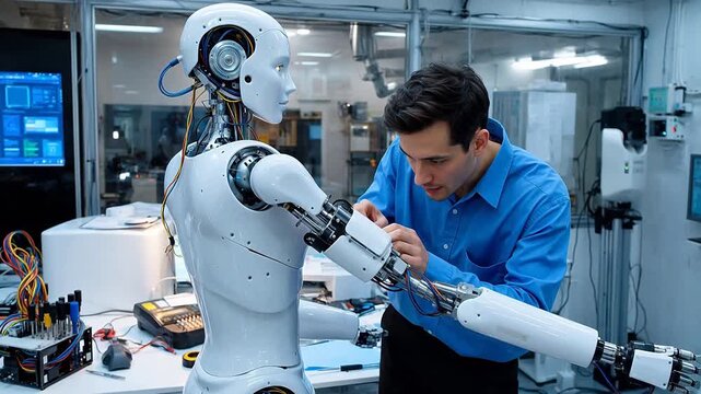 Man working on humanoid robot in lab