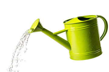 Green metal watering can pouring water isolated on white background minimalist gardening concept