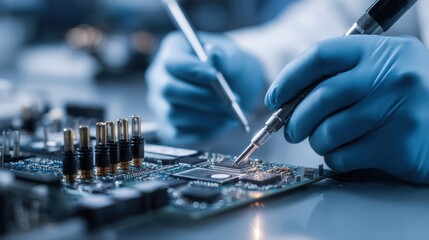 Fototapeta na wymiar Detailed Electronics Assembly with Gloved Hands Installing Components