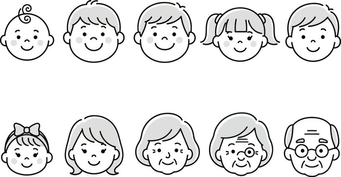 a collection of simple monochrome cartoon faces depicting different ages and genders from babies to elderly people presented in a row