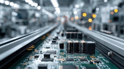 Close-Up of Circuit Board Assembly on Production Line with Components