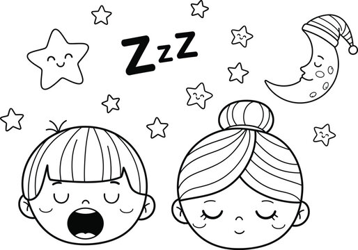 a charming black and white illustration depicts two sleeping children with stars a moon and zzzs creating a peaceful nighttime scene