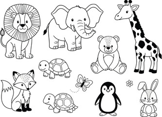 Obraz premium a delightful black and white illustration showcases a collection of charming animal characters including a lion elephant giraffe and fox