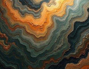 Fototapeta premium Abstract textured background with swirling layers of orange green, dark colors. Organic wavy pattern resembling stone strata geological formations. Rich earthy tones, cool natural hues blend