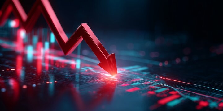 Red 3D financial arrow pointing downward on a dark digital stock market trading floor with glowing data, concept for economic recession, stock market crash and financial failure analysis