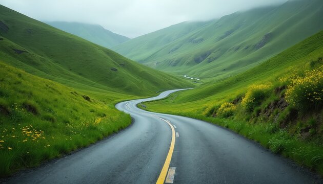 Curving road through lush green rolling hills under soft cloudy sky. Yellow wildflowers dot the grassy slopes. A peaceful landscape invites travel and exploration.