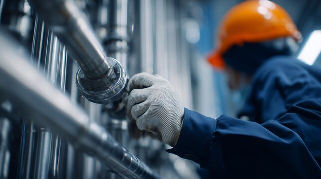 close up of mechanical engineer hand in protective glove turning valve on stainless steel industrial pipes, concept for industrial maintenance, factory workflow and plumbing engineering systems