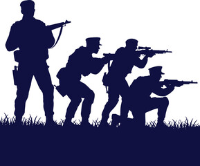 Four navy blue soldier silhouettes in various combat poses stand and crouch in grass