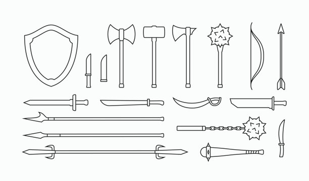 Ancient weapons outline icons set. Collections of medieval weapons, sword, shield, axe, spears simple linear style editable stroke vector illustration