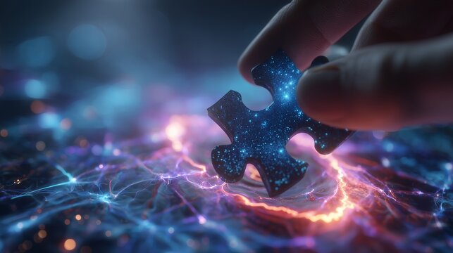 Project manager's hand placing a galaxy textured jigsaw puzzle piece onto a glowing neural network background, concept for strategic problem solving, data connection and cosmic insight