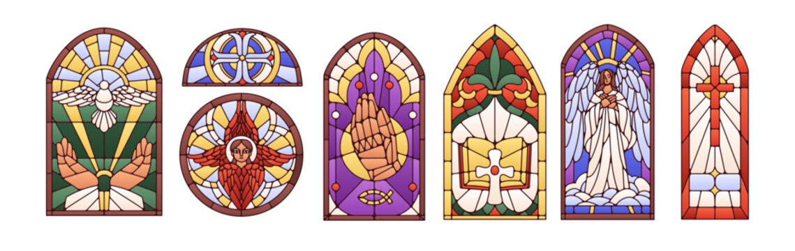Stained glass windows set. Mosaic patterns, religious church paintings with cross, Jesus on Christian catholic arches in medieval frame. Flat vector illustration isolated on white background