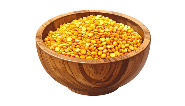 A wooden bowl overflowing with vibrant yellow, split lentils