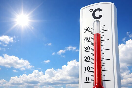 雲が広がる青空の下で気温40度を超える高温を示す屋外に設置された真っ赤な温度計のイメージ