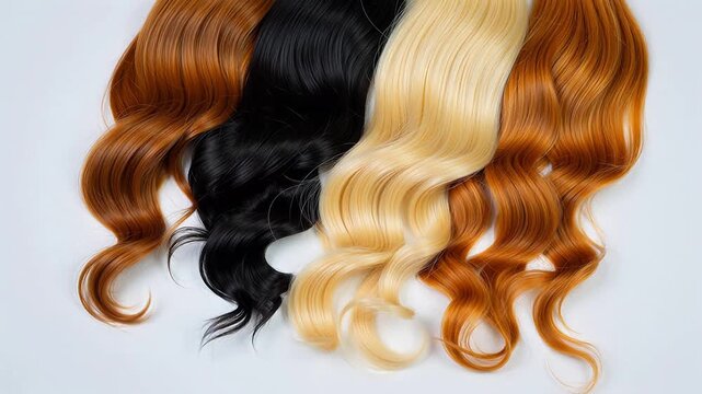 Four colored wigs on white background