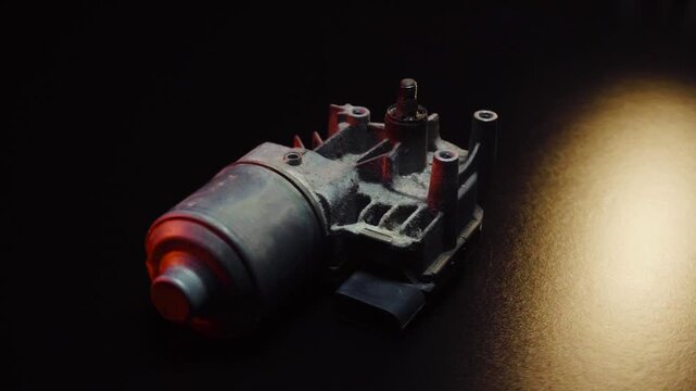 old car wiper motor for windshield cleaning, repair at the service, shooting in a dark room, red light illumination