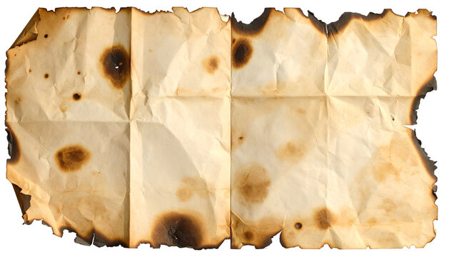 A vintage, creased, folded sheet of paper with singed edges and brown scorch marks