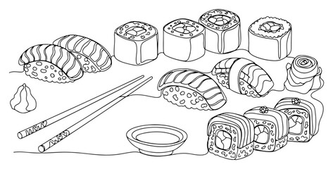 Continuous one line drawing of sushi set with maki rolls nigiri and chopsticks © InsomniaVideo
