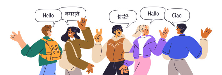 Multilingual greeting, international communication. People speaking native and foreign languages. Speakers saying hello, hi word translation. Flat vector illustration isolated on white background © Good Studio