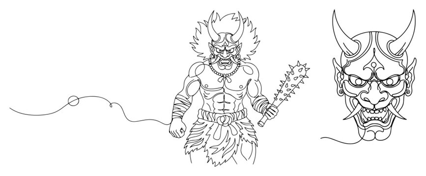 Japanese Oni demon warrior with club and traditional hannya mask in continuous line art