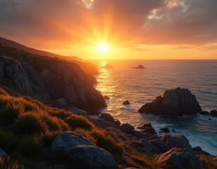 Obraz premium Rocky coast with grass bathed in golden sunset light. Ocean waves hit rocks. Sun dips below horizon in warm orange sky. Seascape offers tranquil natural beauty.