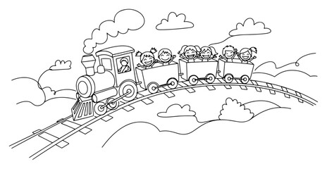 Playful continuous line illustration of a steam train with children traveling across the countryside © InsomniaVideo