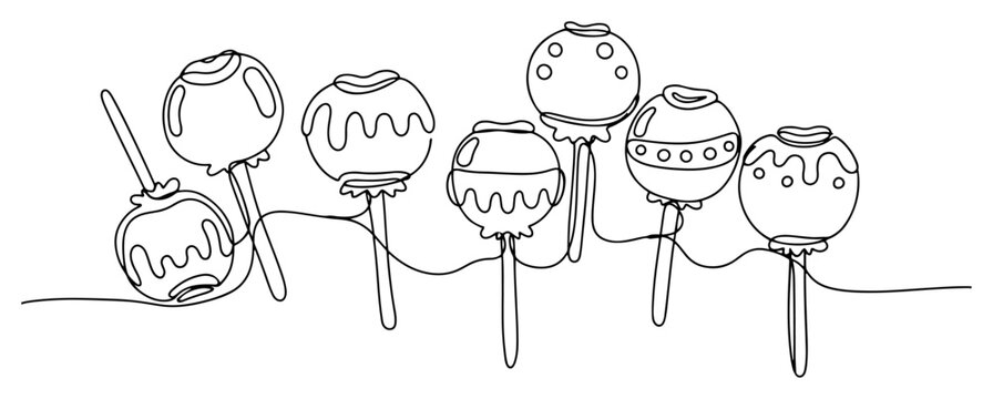 Minimalist continuous line drawing of sweet decorated candy apples on sticks