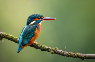 Fototapeta premium Common kingfisher with bright blue and orange feathers rests on mossy branch. Small bird with long beak perched near water. Wildlife scene with natural colors and green background. Avian creature.