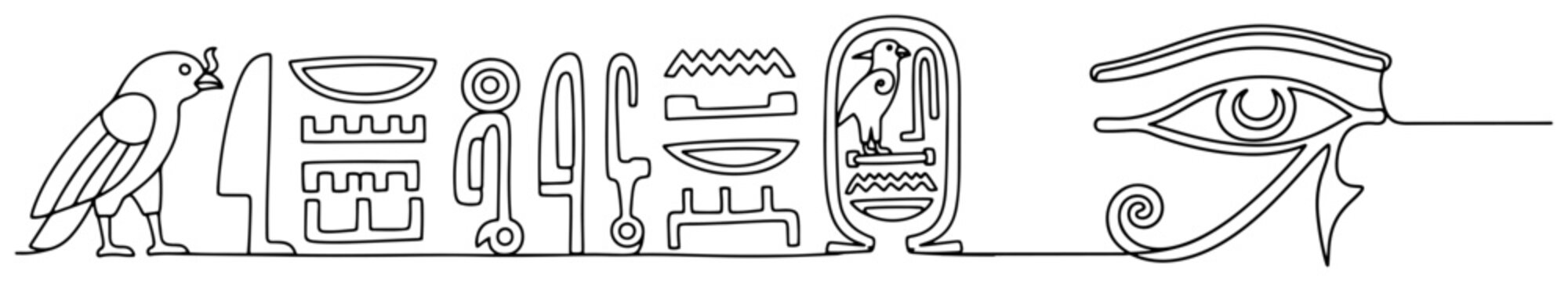 Minimalist continuous line art of ancient Egyptian hieroglyphs and the eye of Horus
