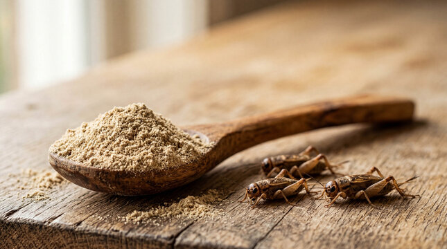 Sustainable cricket protein powder on rustic wooden table.