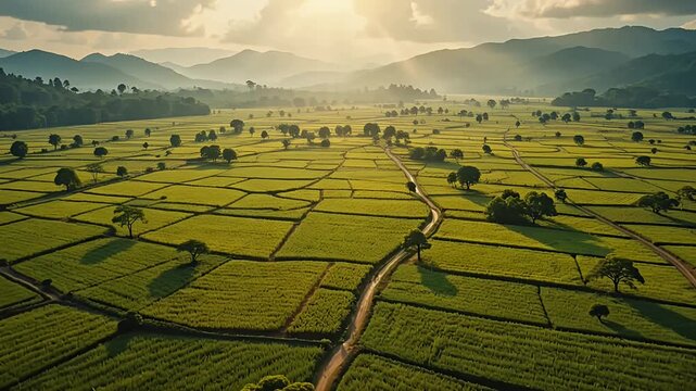 aerial farmland patchwork fields with winding road and hills at dawn