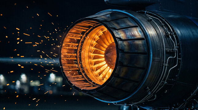 Closeup view of a jet engine turbine glowing brightly at night with sparks flying