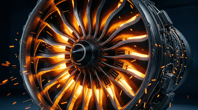 Detailed view of a modern jet turbine engine showing internal lighting and components during operation in a controlled environment