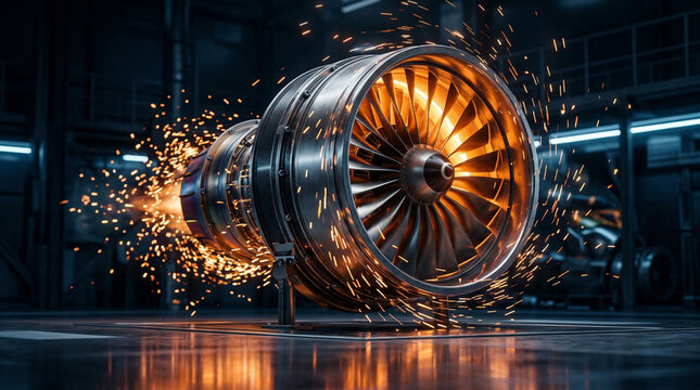 Futuristic turbine engine sparks light in a high-tech workshop during a late evening work session