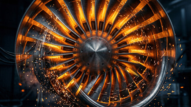 Closeup view of a modern jet turbine engine showing details of blades and sparks during operation in a manufacturing plant