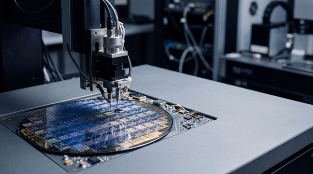 Robotic probe inspecting a silicon wafer in a semiconductor factory.