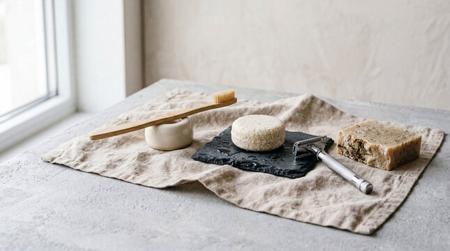 Sustainable zero-waste personal care products in a minimalist bathroom.
