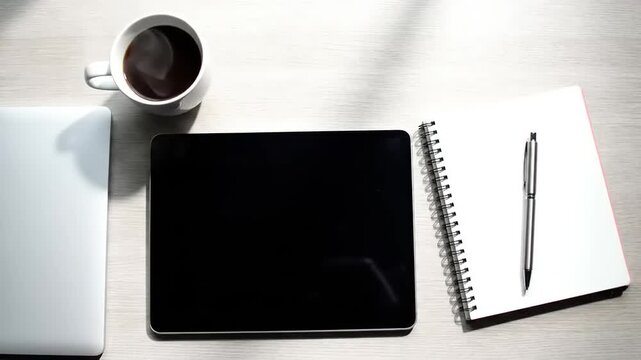 Modern desk setup with digital devices, a hot beverage, and a notebook for productive work or creative study in a minimalist environment