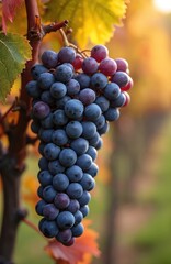 Fototapeta premium Close up of ripe dark grapes on vine in vineyard during autumn harvest season. Ripe fruit cluster ready for winemaking in Burgundy France countryside.