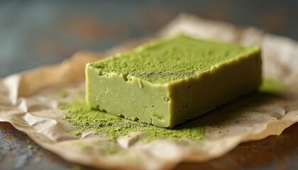 Green matcha blondie bar sits on crumpled parchment paper. Powdered green tea dusts the sweet treat. This baked fudge is a delicious dessert or snack option.