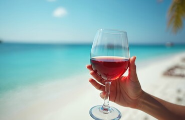 Fototapeta premium Hand holds wine glass with red beverage against blue ocean horizon and white sandy beach. Relaxing tropical vacation on sunny day perfect for celebration or romantic getaway.