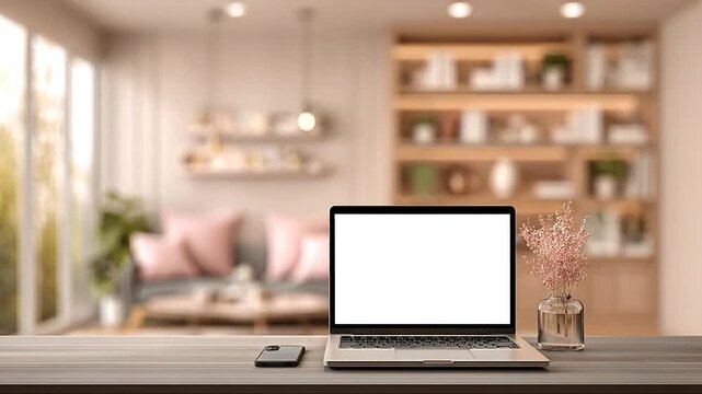 A modern laptop and smartphone on a wooden desk in a cozy living room