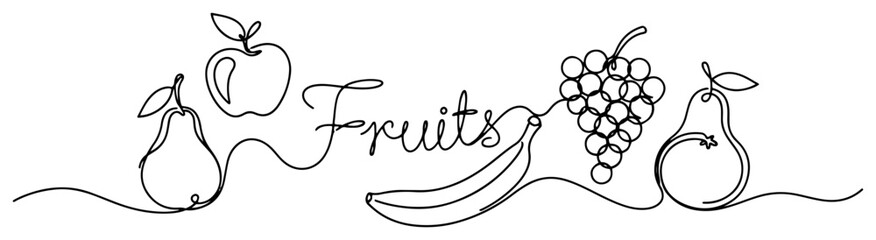 Minimalist continuous one line drawing of fresh fruits with cursive text typography © InsomniaVideo