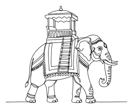 Detailed continuous line drawing of a decorated Indian elephant with a howdah carriage on its back