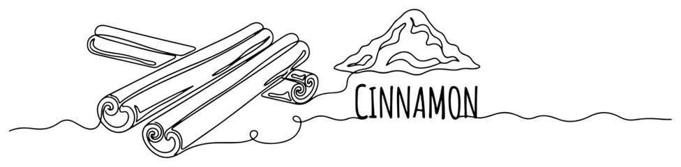 Continuous one line drawing of cinnamon sticks and powder with stylized typography for food and spice branding © InsomniaVideo