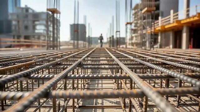 Closeup of Rebar and Construction Worker on a Cinematic Building Site during Daylight Hours